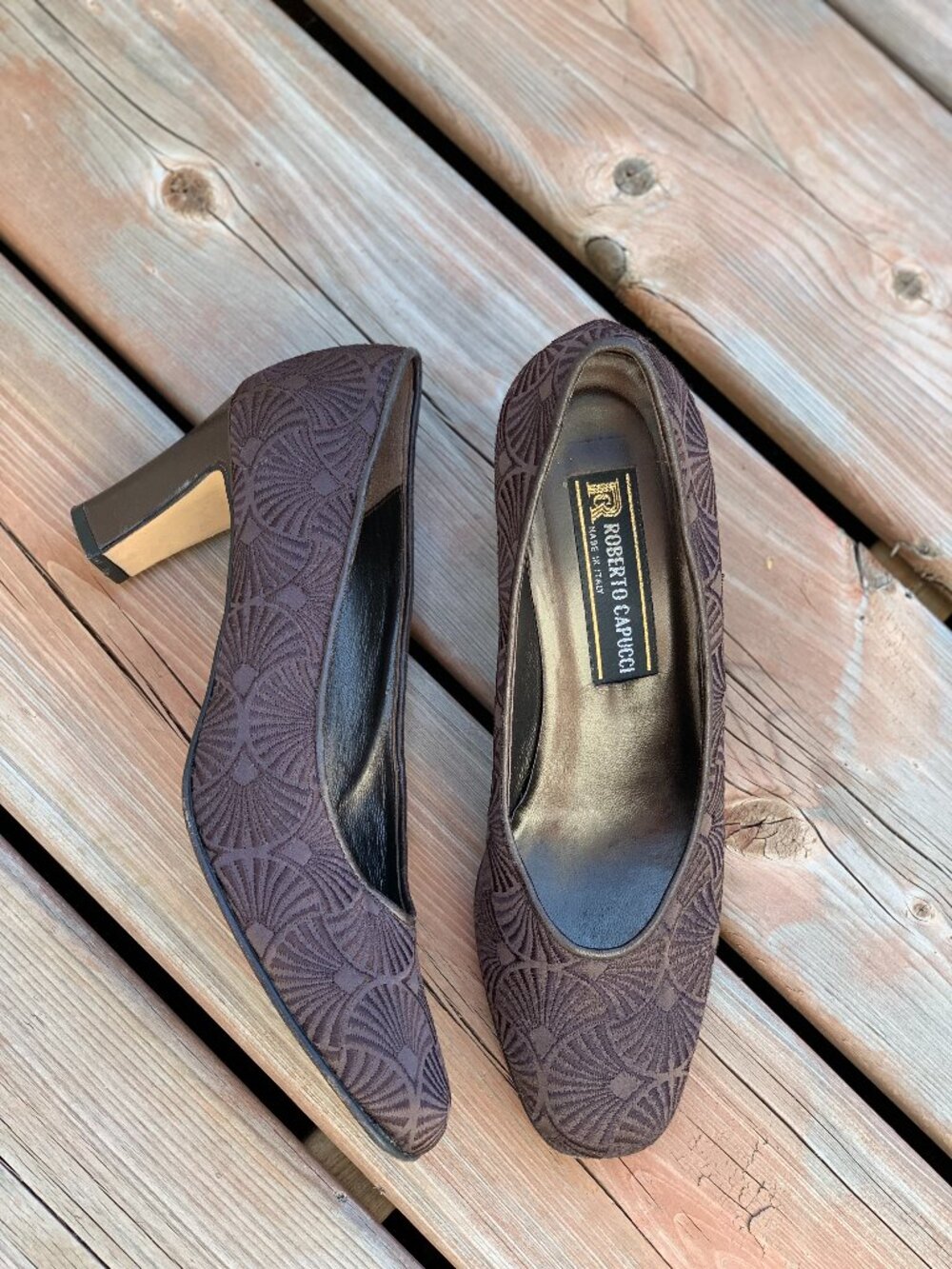 Vintage 90s Pumps 8 Brown Textured Fabric Leather Mid Block Heel Shoes Wedding